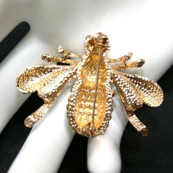 Vintage Clear Rhinestone Bee Insect Brooch, Black Rhinestone Eyes, Gold Plated - Picture 3 of 9